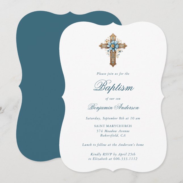 Invitation Élégant bleu Floral Cross Boy Baptism garçon (Devant / Derrière)
