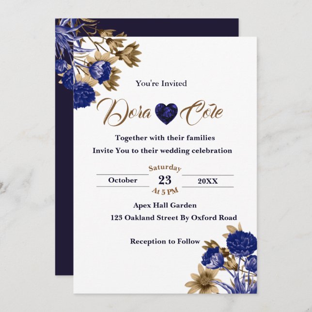 Invitation Elégant bleu floral et Mariage d'aquarelle Brown (Devant / Derrière)