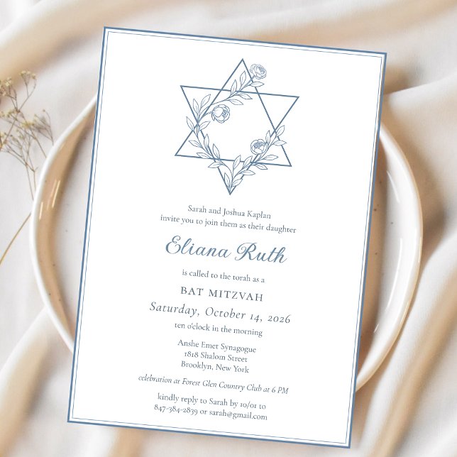 Invitation Elégant bleu floral juif Star Chic Bat mitzvah (Créateur téléchargé)