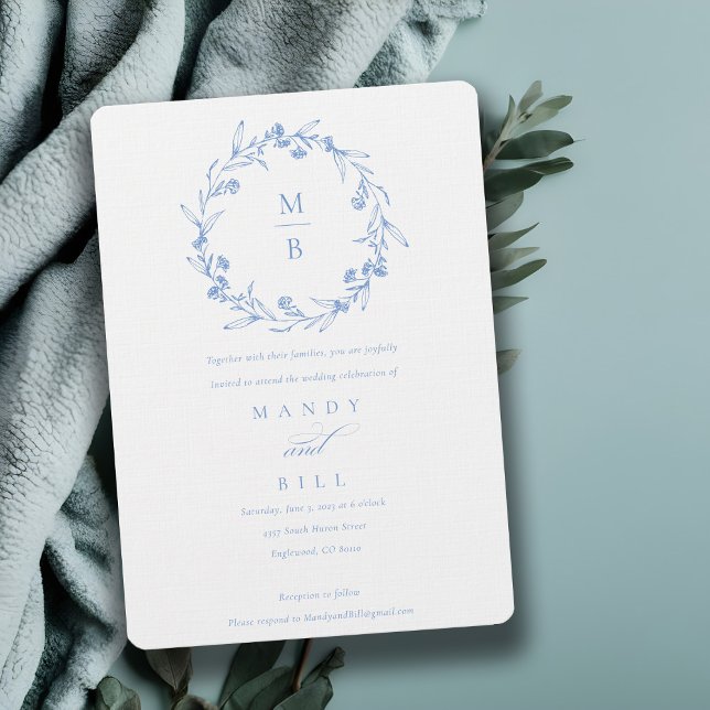 Invitation Élégant bleu Floral Laurel Wreath Monogramme Maria (Créateur téléchargé)
