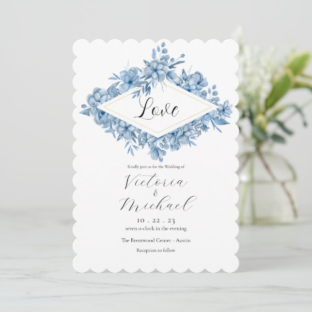 Invitation Elégant bleu Floral Love Mariage d'aquarelle (Debout devant)
