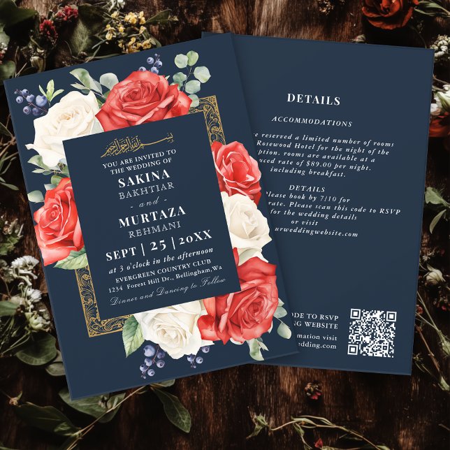 Invitation Élégant bleu floral Mariage musulman QR Code (Créateur téléchargé)