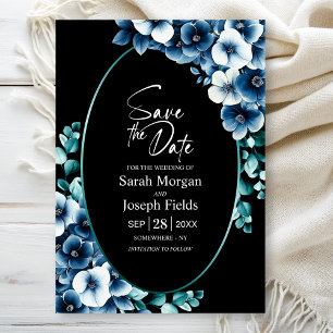 Invitation Elégant bleu floral noir ovale Enregistrer la date