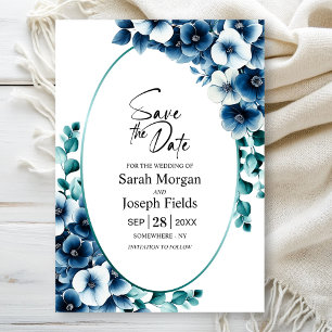 Invitation Elégant bleu floral ovale Enregistrer la date
