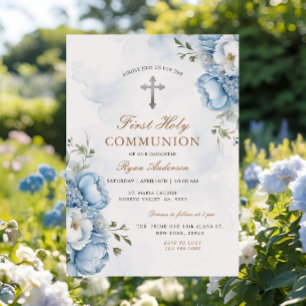 Invitation Élégant bleu Floral Première Sainte Communion