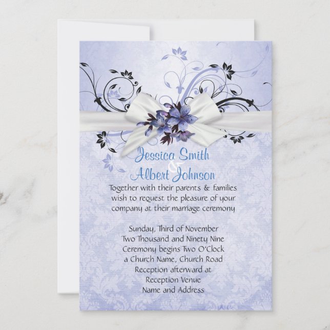 Invitation Élégant bleu floral Ribbon Mariage damassé Invitat (Devant)