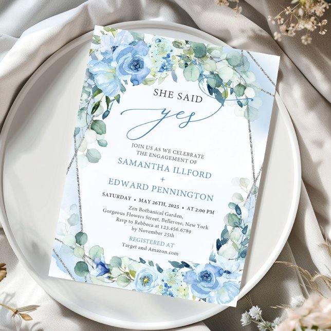 Invitation Élégant bleu floral sauge vert argent Elle dit Oui (modern calligraphy script blue flowers sage she said yes invitation)
