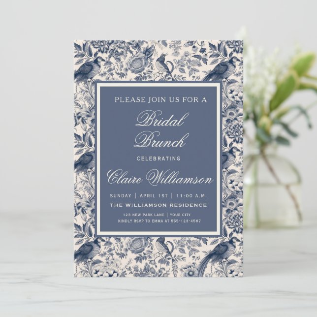 Invitation Élégant bleu floral toile fleurie brunch de mariag (Debout devant)