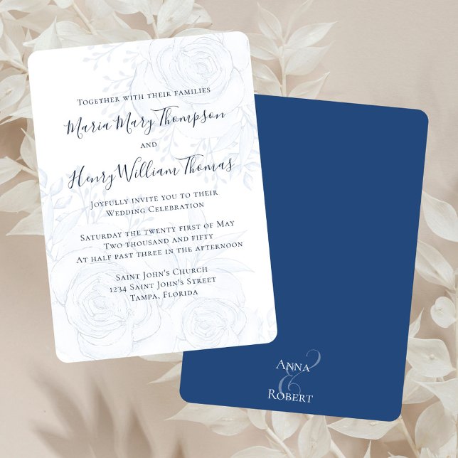 Invitation Élégant Bleu Floral Vert Calligraphie Script (Elegant blue floral classic wedding invitation with ampersand and names backside. )