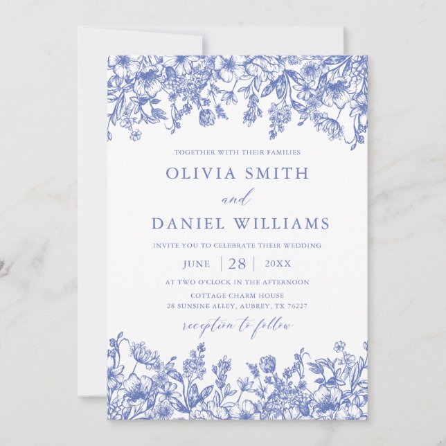 Invitation Elégant bleu Floral Vintage Mariage botanique (Devant)