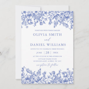Invitation Elégant bleu Floral Vintage Mariage botanique
