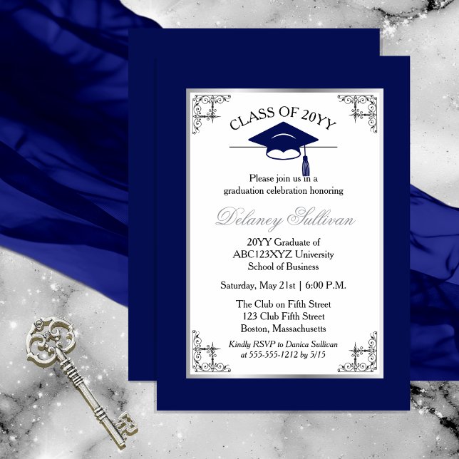 Invitation Élégant Bleu Formal College Graduation Party (Elegant Formal Silver Tone and Dark Royal Blue College | University Graduation Party Invitation )