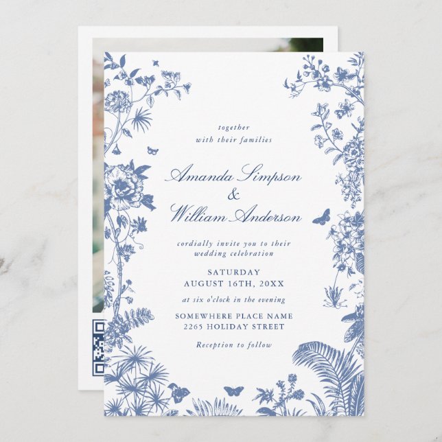 Invitation Elégant bleu Français Garden Mariage Photo Code QR (Devant / Derrière)