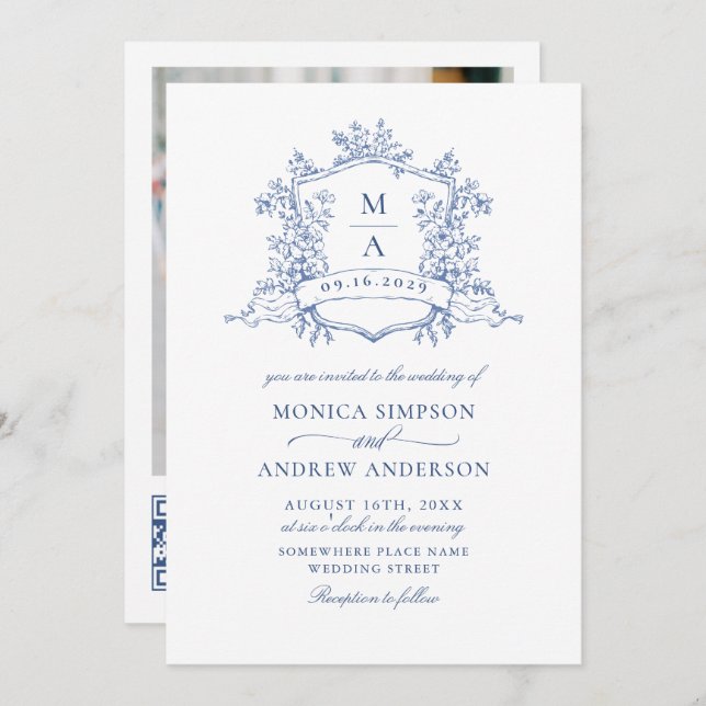Invitation Elégant bleu Français Garden Mariage Photo Code QR (Devant / Derrière)