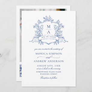 Invitation Elégant bleu Français Garden Mariage Photo Code QR
