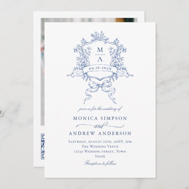 Invitation Elégant bleu Français Garden Mariage Photo Code QR (Devant / Derrière)