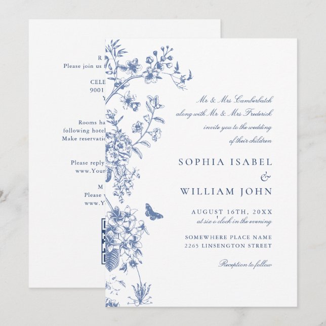 Invitation Elégant bleu Français Garden Wedding Code QR (Devant / Derrière)