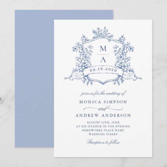 Invitation Elégant bleu Français Garden Wedding Code QR (Devant / Derrière)