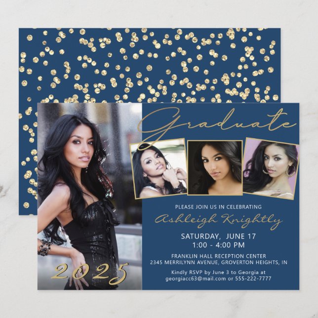 Invitation Élégant Bleu Gold Script 4 Photo Graduate (Devant / Derrière)