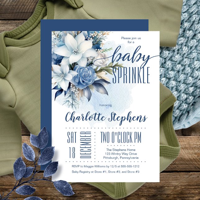 Invitation Elégant bleu hiver Floral Garçon Bébé Parsemer (Elegant Blue Winter Floral Boy Baby Sprinkle Invitation )