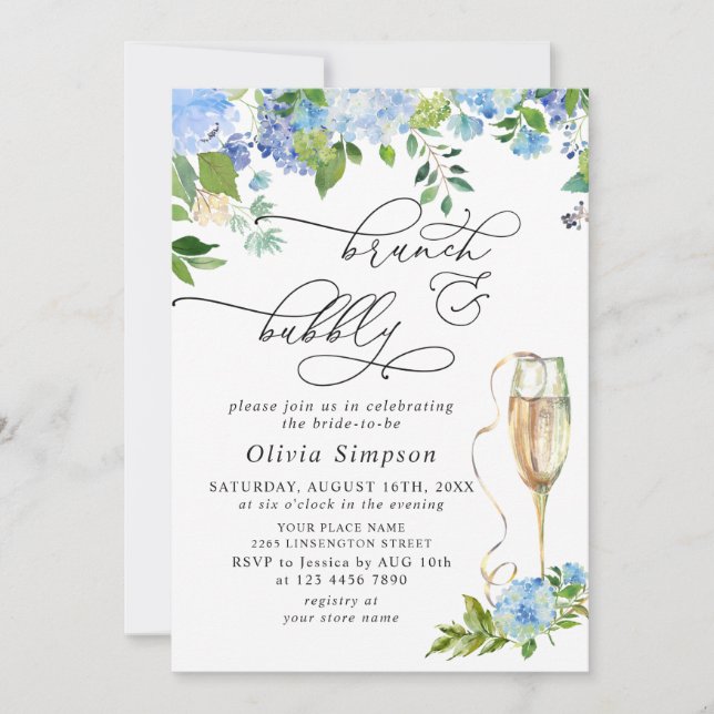 Invitation Elégant bleu Hydrangea Aquarelle Brunch & Bubbly (Devant)