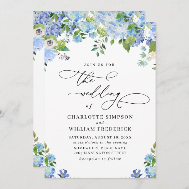 Invitation Elégant bleu Hydrangea Aquarelle Mariage de verdur (Devant / Derrière)