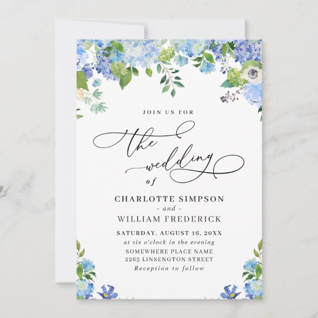 Invitation Elégant bleu Hydrangea Aquarelle Mariage Photo (Devant)