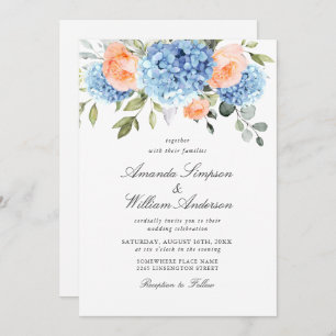 Invitation Elégant bleu Hydrangea Blush rose Roses Mariage