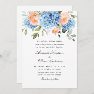 Invitation Elégant bleu Hydrangea Blush rose Roses Mariage