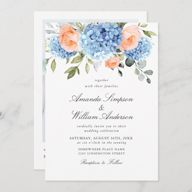 Invitation Elégant bleu Hydrangea Blush rose Roses Mariage (Devant / Derrière)