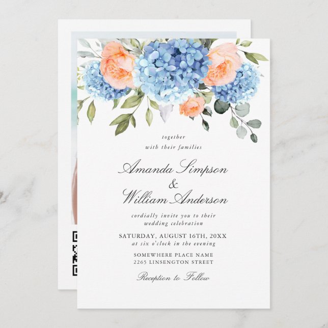 Invitation Elégant bleu Hydrangea Blush rose Roses Mariage (Devant / Derrière)