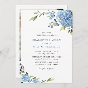 Invitation Elégant bleu Hydrangea Floral Mariage QR code