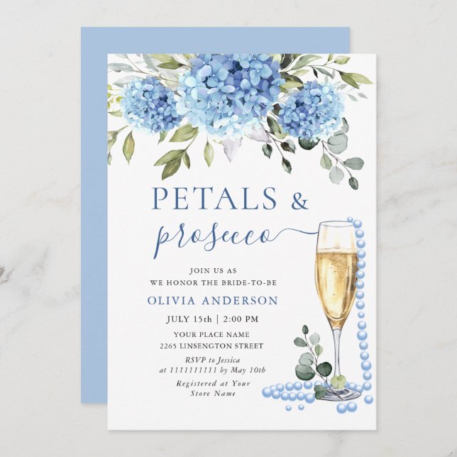 Invitation Elégant bleu Hydrangea Floral PETALS & Prosecco (Devant / Derrière)