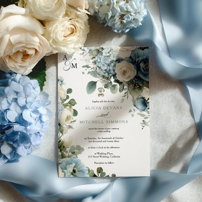 Invitation Elégant bleu Hydrangea Rose ivoire Mariage floral (Elegant Blue Hydrangea Ivory Rose Floral Wedding Invitation)