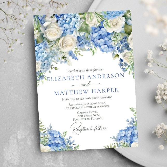 Invitation Elégant bleu Hydrangea Roses blanches Mariage flor (Créateur téléchargé)