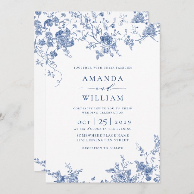 Invitation Elégant bleu Jardin Français Floral Mariage QR cod (Devant / Derrière)