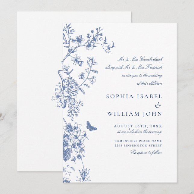 Invitation Elégant Bleu Jardin Français Mariage (Devant / Derrière)