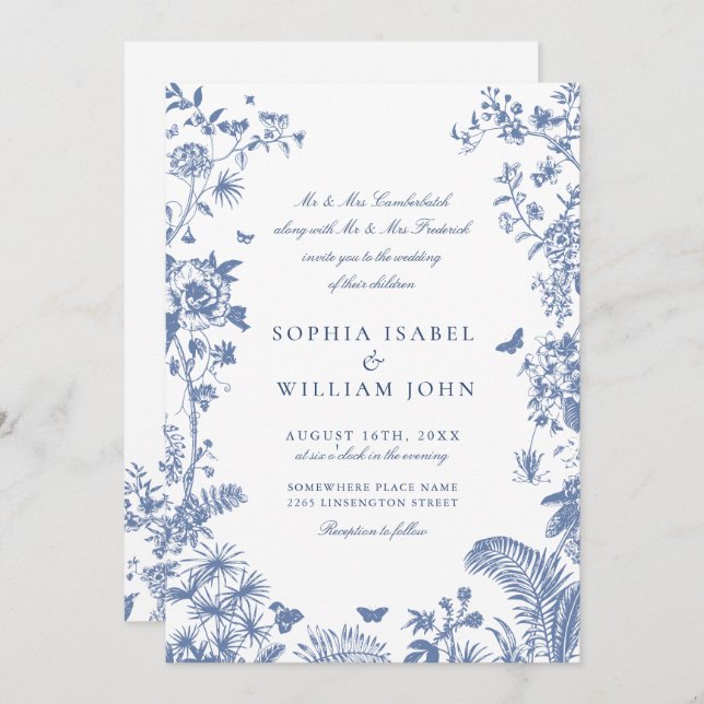 Invitation Elégant Bleu Jardin Français Mariage (Devant / Derrière)