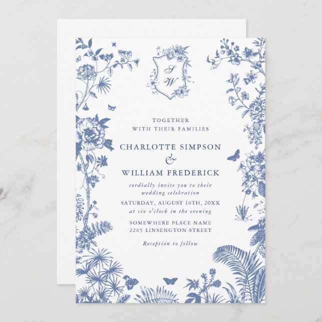 Invitation Elégant Bleu Jardin Français Mariage tout en un (Devant / Derrière)