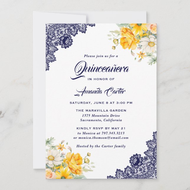 Invitation Elégant bleu jaune blanc Floral Quinceañera (Devant)