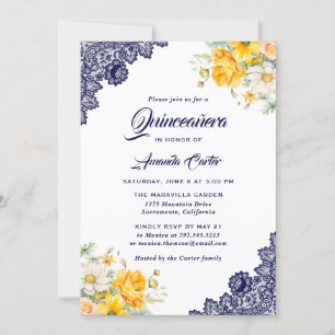 Invitation Elégant bleu jaune blanc Floral Quinceañera
