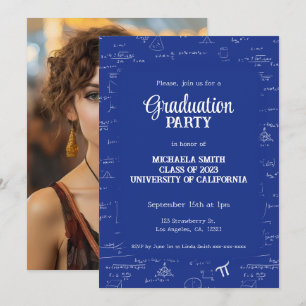Invitation Elégant bleu Lettering Photo Math Graduation