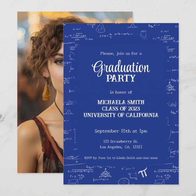 Invitation Elégant bleu Lettering Photo Math Graduation (Devant / Derrière)