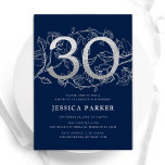 Invitation Elégant bleu marine 30e anniversaire<br><div class="desc">Elégante invitation à la fête du 30e anniversaire bleu marine. Design féminin moderne et personnalisable avec des accents botaniques rose et de la fausse parties scintillant argent. Carte invitation florale simple parfaite pour une célébration anniversaire élégante. Personnalisez avec vos propres détails. Invitations Zazzle imprimées ou téléchargement instantané modèle imprimable numérique....</div>