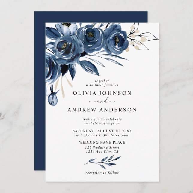 Invitation Elégant bleu marine Aquarelle argent Mariage flora (Devant / Derrière)