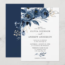 Elégant bleu marine Aquarelle argent Mariage flora