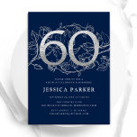 Invitation Elégant bleu marine Argent 60e anniversaire<br><div class="desc">Elégante invitation marine bleu argent 60e anniversaire de fête. Design féminin moderne et personnalisable avec des accents botaniques rose et de la fausse parties scintillant argent. Carte invitation florale simple parfaite pour une célébration anniversaire élégante. Personnalisez avec vos propres détails. Invitations Zazzle imprimées ou téléchargement instantané modèle imprimable numérique.</div>