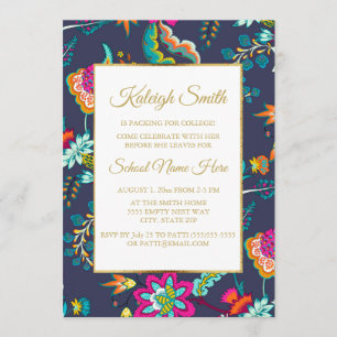 Invitation Elégant bleu marine avec Fleurs Gold Trunk Party