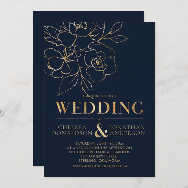 Invitation Elégant bleu marine avec Mariage Rose croqué or (Devant / Derrière)