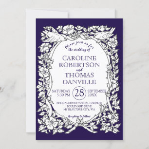 Invitation Elégant bleu marine blanc Floral Bird Ornate Maria